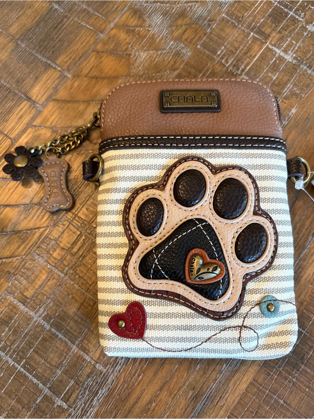 Chala Brown Cream Striped Paw Print Crossbody Phone Holder/Purse, NWT